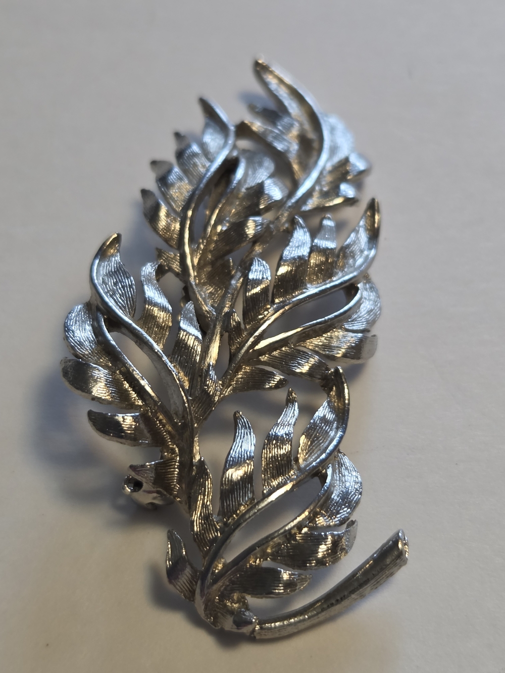 Vtg Crown Trifari 2.75" Textured Silver-Tone Leaf Brooch